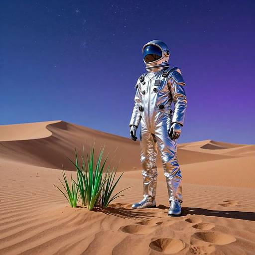 Photorealistic CGI of an astronaut in silver spacesuit standing in a desert with green grass, under a starry night sky.