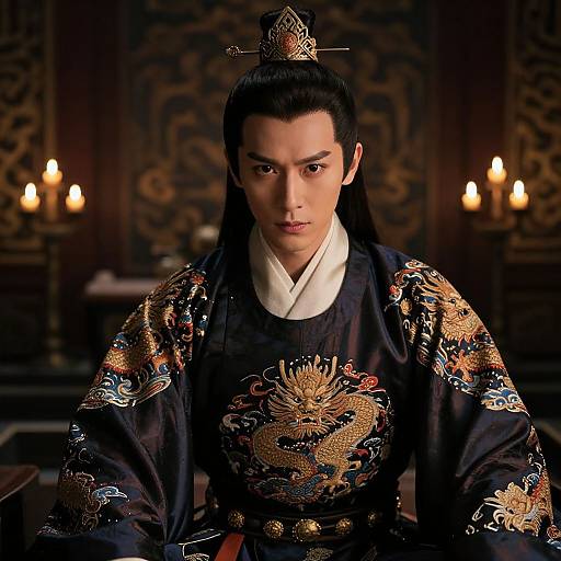 Photograph of an Asian man in traditional, ornate black Chinese imperial robe with gold dragon embroidery, standing in dimly lit room with candlelight and