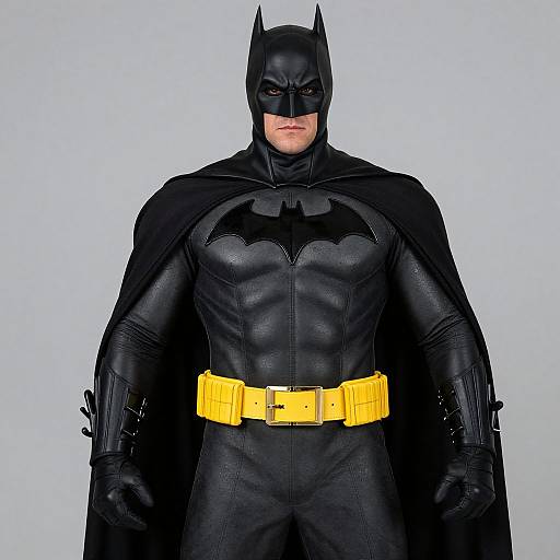 Photograph of Batman in black leather suit, yellow utility belt, black cape, and cowl, standing against a plain white background.