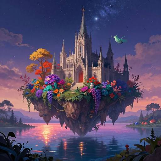 Fantastical floating garden castle with vibrant flowers, towering spires, and a glowing hummingbird under a starry, twilight sky over a shimmering