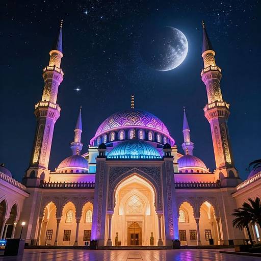 Photograph of a brightly illuminated mosque at night with purple, blue, and orange lights, featuring two minarets, a crescent moon, and