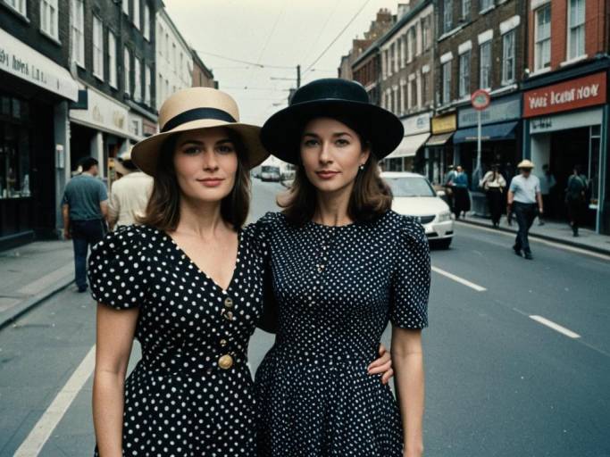 Two Women in Polka Dot Dresses and Hats on Street