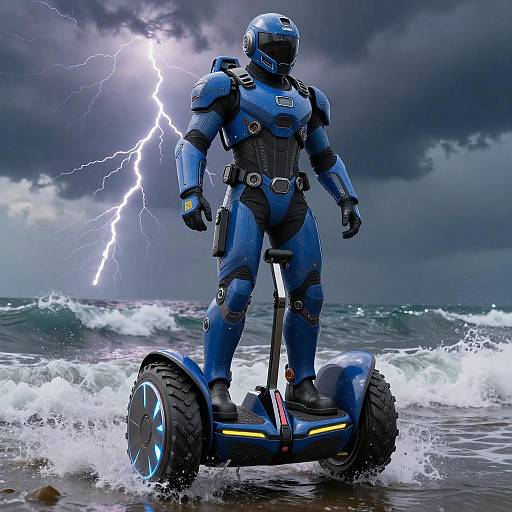 Futuristic armored figure on hover Segway at stormy ocean