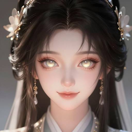 Digital anime-style portrait of a fair-skinned woman with glowing yellow eyes, dark hair adorned with floral hairpins, and elegant earrings, smiling softly against