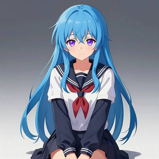 Digital anime-style drawing of a blue-haired girl with long hair, purple eyes, and a navy sailor uniform with a red necktie, sitting against a