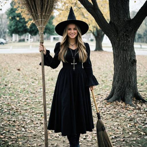 Smiling Woman in Witch Costume Holding Brooms