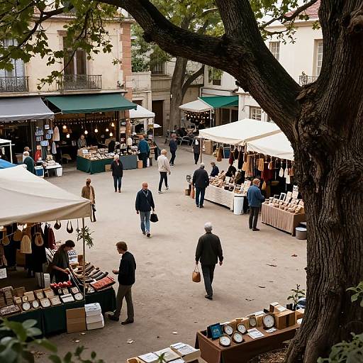 Photograph of a bustling outdoor market with white tents, tree trunk foreground, shoppers browsing goods, under overcast sky in a European town square.