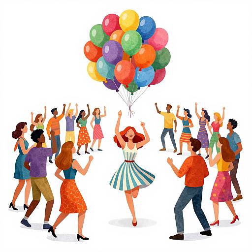 Colorful illustration of diverse, joyful people dancing around a floating bouquet of multicolored balloons against a white background.