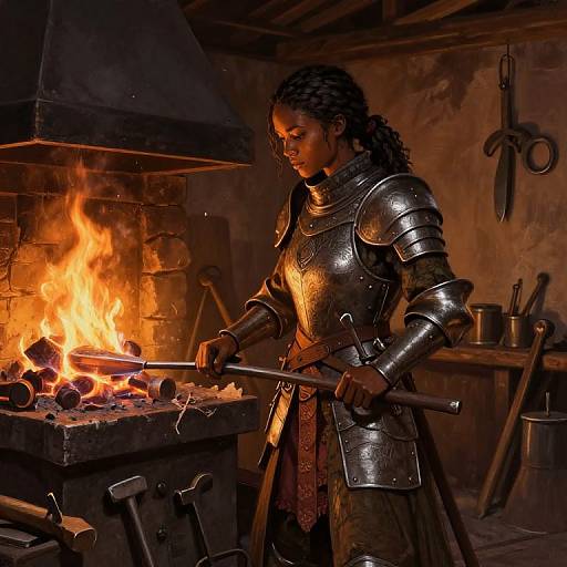 Photograph: African woman in medieval armor, dark curly hair, blacksmithing by fiery forge, holding hammer, detailed armor, rustic workshop, tools