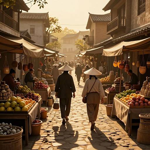 Photograph of a sunlit, bustling Asian market street with two vendors in conical hats, surrounded by colorful fruit stalls and shadowed cobblestones