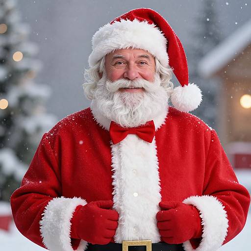 Photograph of a smiling, white-bearded Santa Claus in a red Santa suit with white trim, red bowtie, and black belt, standing in