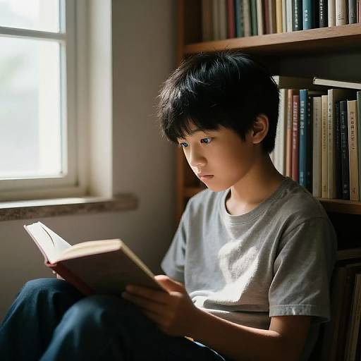 Photograph of a young Asian boy with short black hair, wearing a gray t-shirt, reading a book in a sunlit room with a bookshelf