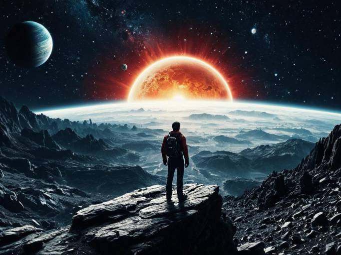 Man on Rocky Alien Landscape Gazing at Distant Sunrise and Planets