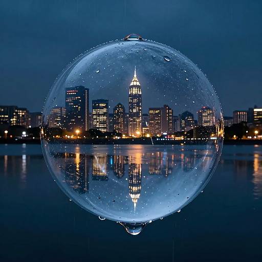 Photograph of a water droplet sphere reflecting a nighttime city skyline with bright, glowing skyscrapers and their reflections on a calm water surface.