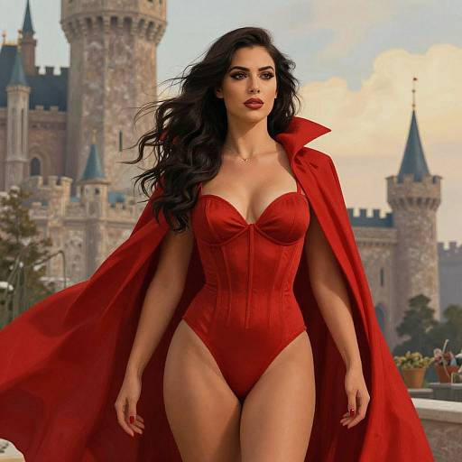 Digital artwork of a confident woman with long black hair, wearing a red corset and cape, standing in front of a medieval castle. Her red outfit