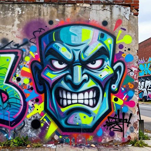Vibrant graffiti of a fierce, blue, cartoonish face with angry eyes and clenched teeth on a cracked concrete wall. Bright colors, spray