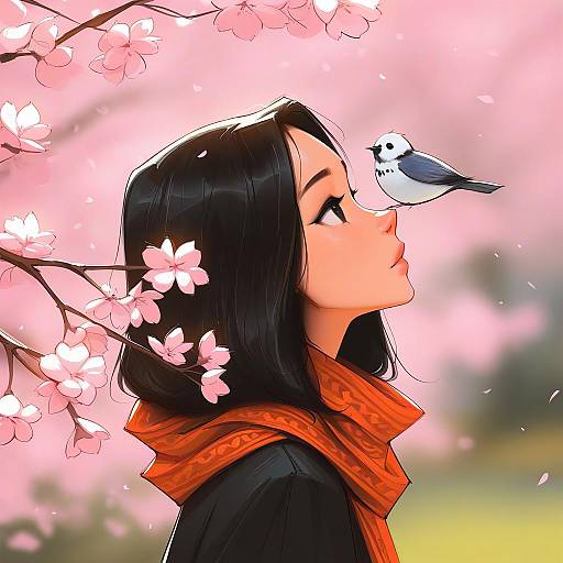 Cherry Blossom Girl with Long-Tailed Tit
