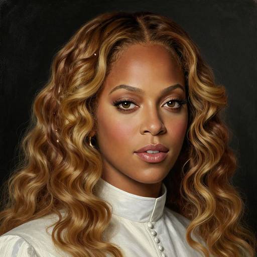 Photograph of a beautiful Black woman with long, wavy blonde hair, wearing a white high-collared shirt, against a dark background.