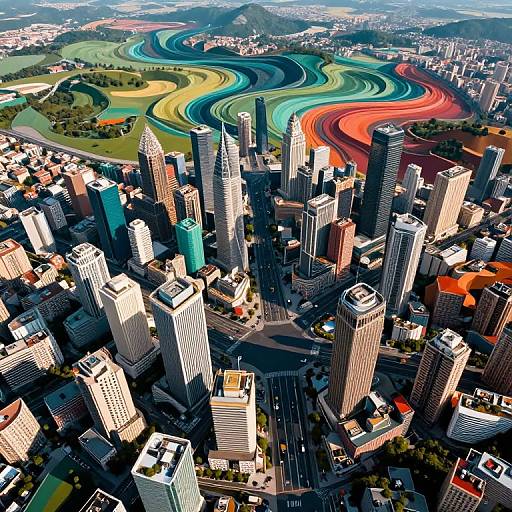 Aerial CGI of a vibrant cityscape with colorful, winding rivers surrounding tall skyscrapers, featuring a mix of modern and traditional architecture.