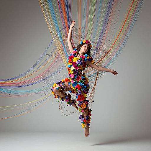 Photograph of a dancer in a colorful flower lei dress, suspended by vibrant, multicolored strings, mid-leap against a gray background.