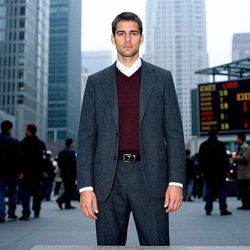Photograph of a handsome man with short dark hair, wearing a black suit, white shirt, and brown sweater, standing in a busy city plaza with