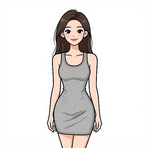 Smiling Woman in Grey Ribbed Dress