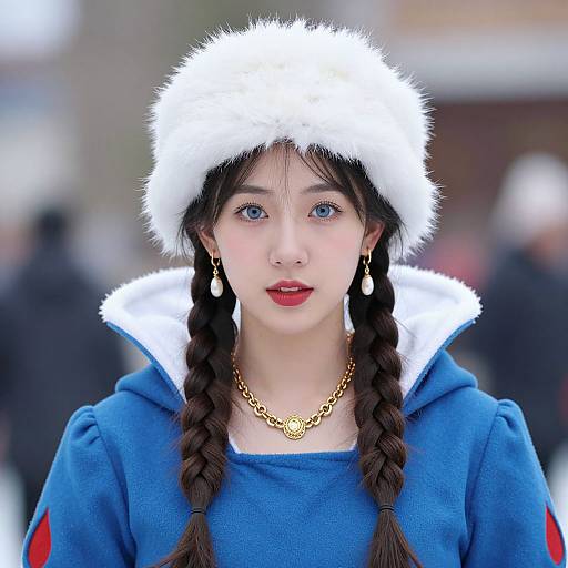 Photograph of a young Asian woman with blue eyes, braided brown hair, wearing a white fur hat, blue hoodie, gold necklace, and red