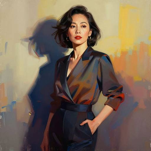 Digital portrait of a confident Asian woman with short black hair, wearing a black satin blouse and high-waisted black pants, standing against a colorful,