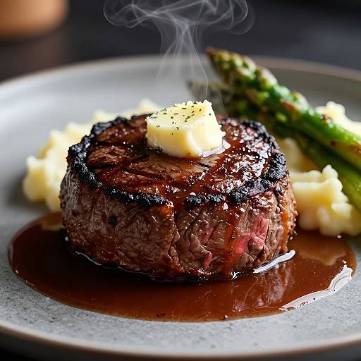 Photograph of a perfectly grilled, juicy steak with a melting pat of butter, rich sauce, and steamed asparagus on a gray plate.