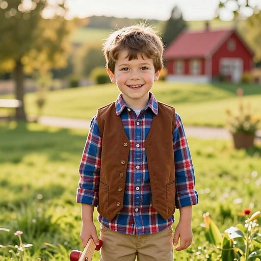 Photograph of a smiling young boy with brown hair, wearing a brown vest over a blue plaid shirt, standing in a sunlit, green grass