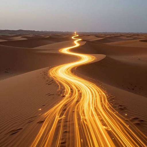 Photograph of a glowing, winding light trail across a vast, orange desert landscape with undulating sand dunes under a clear, twilight sky.