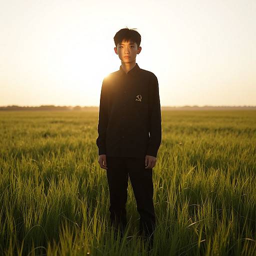 Photograph of a young man with short dark hair, wearing a black long-sleeve shirt and pants, standing in a sunlit grass field at