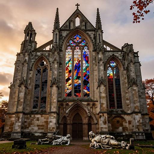 Photograph of a Gothic-style cathedral with vibrant stained glass windows, surrounded by autumn trees, and white sculptures on the cobblestone ground.