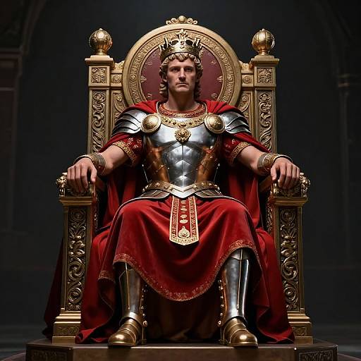 Photorealistic digital artwork of a muscular, bearded man in Roman-style armor, crown, and red robe, seated on a grand, ornate