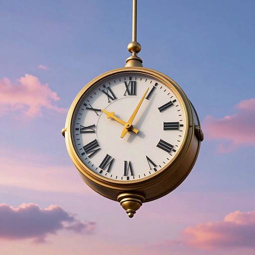 Photograph of a vintage, gold, hanging clock with black Roman numerals, yellow hands, and a clear blue sky with pink clouds.
