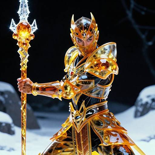 Digital artwork of a golden armored warrior with fiery helmet and spear, standing in a snowy, dark forest, glowing with intense light.