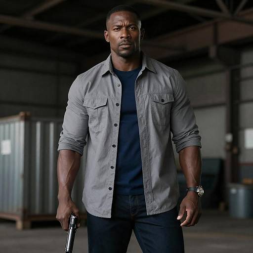Armed Muscular Black Man in Warehouse