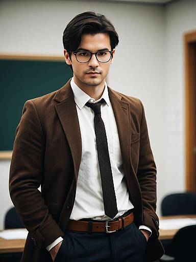 Young Professional Man in Brown Jacket and Glasses