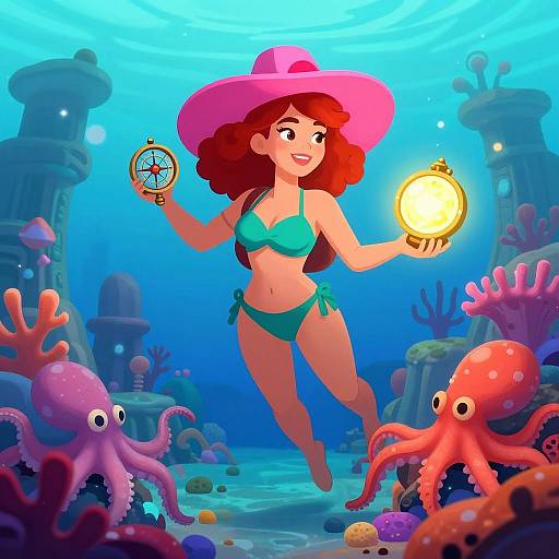 Cartoon-style underwater scene: Curly red-haired girl in green bikini and pink hat holds compass and lantern, surrounded by colorful coral and smiling octop