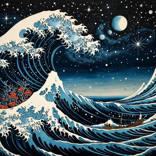 Surreal Ocean Wave with Galactic Sky