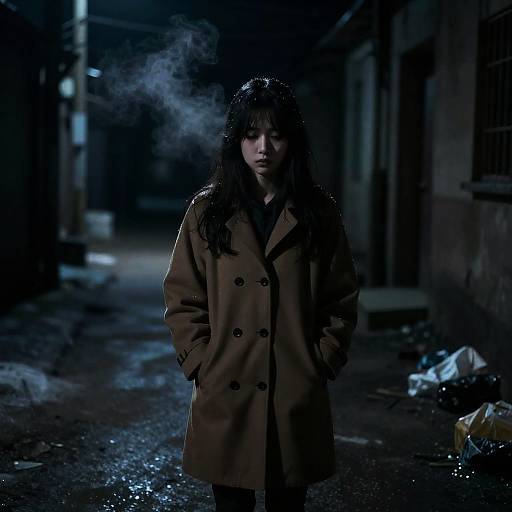 Lonely Girl in Snowy Dark Alley