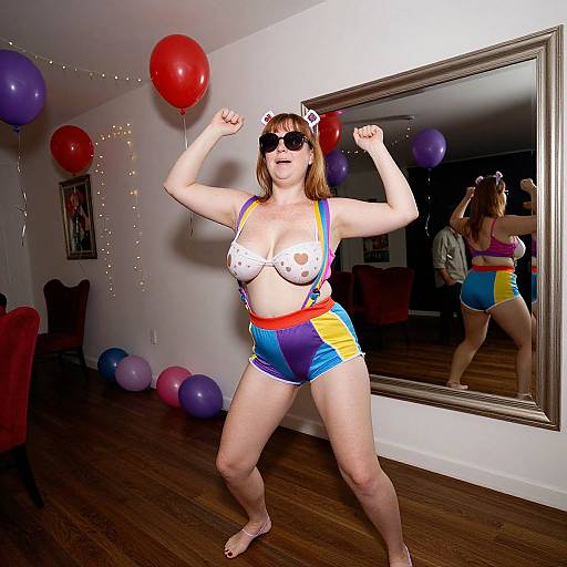 Photograph of a fair-skinned woman with red hair, wearing a white bra, rainbow shorts, and cat ears, flexing in a room with