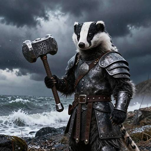 Armored Viking Badger Amid Stormy Shore