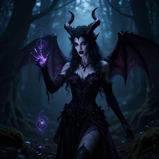 Digital artwork of a dark, mystical demoness with black horns, wings, and glowing purple magic, standing in a blue-lit, foggy forest