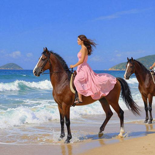 Photograph of a woman in a flowing pink dress riding a dark brown horse on a sunny beach with a blue ocean and another horse in the background.