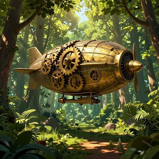 Steampunk Airship Over Lush Forest