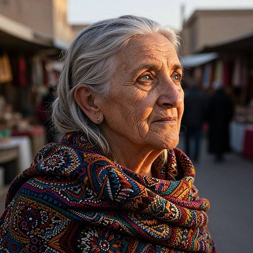Photograph of an elderly woman with silver hair, wearing a colorful, patterned shawl, gazing thoughtfully at the sunset in a bustling marketplace