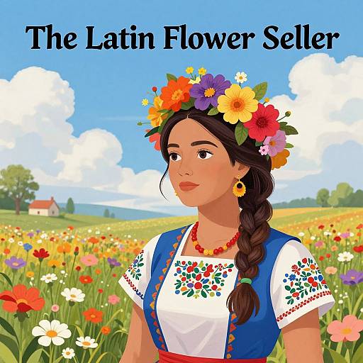 Digital illustration of a Latina woman with a flower crown, braided hair, wearing a blue dress with floral embroidery, standing in a vibrant, colorful flower