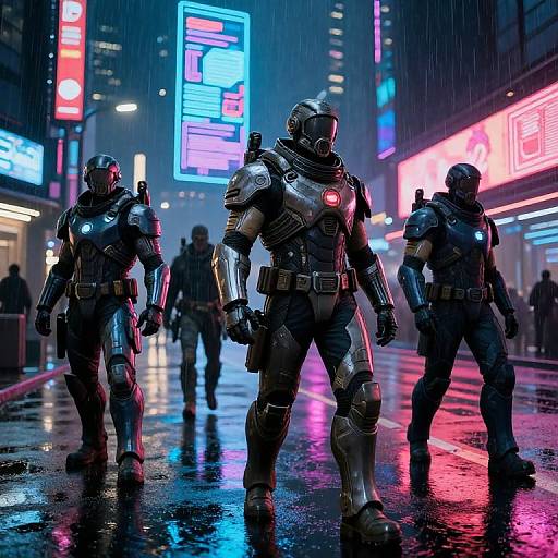Cyborg soldiers in neon-lit, rainy urban street, wearing metallic armor with glowing red and blue accents, walking purposefully under vibrant, colorful bill