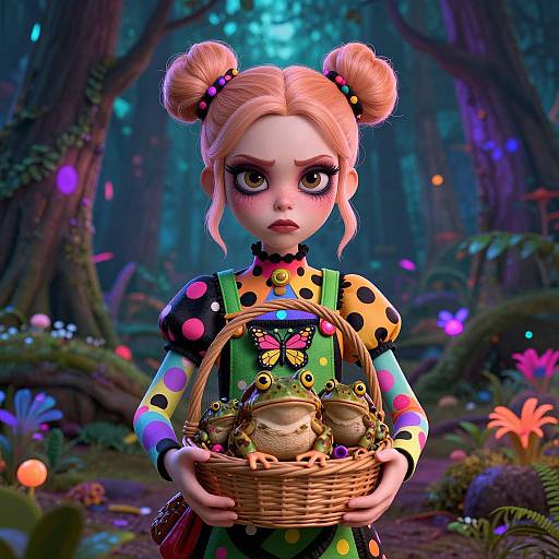 Digital art of a blonde girl with double buns, colorful polka-dot dress, holding a basket with frogs in a glowing, mystical forest.